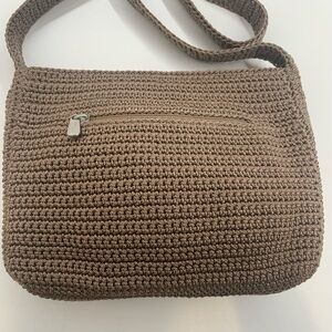 The SAK  Crochet Shoulder Bag Crossbody Brown Tan Small 7”x 9 1/2” Ex Condition